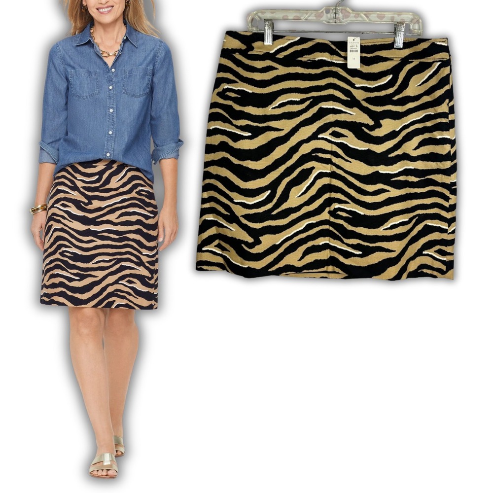 Talbots Women's 14 Canvas Zebra Print Black Tan White Straight Pencil Mini Skirt